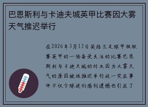 巴恩斯利与卡迪夫城英甲比赛因大雾天气推迟举行